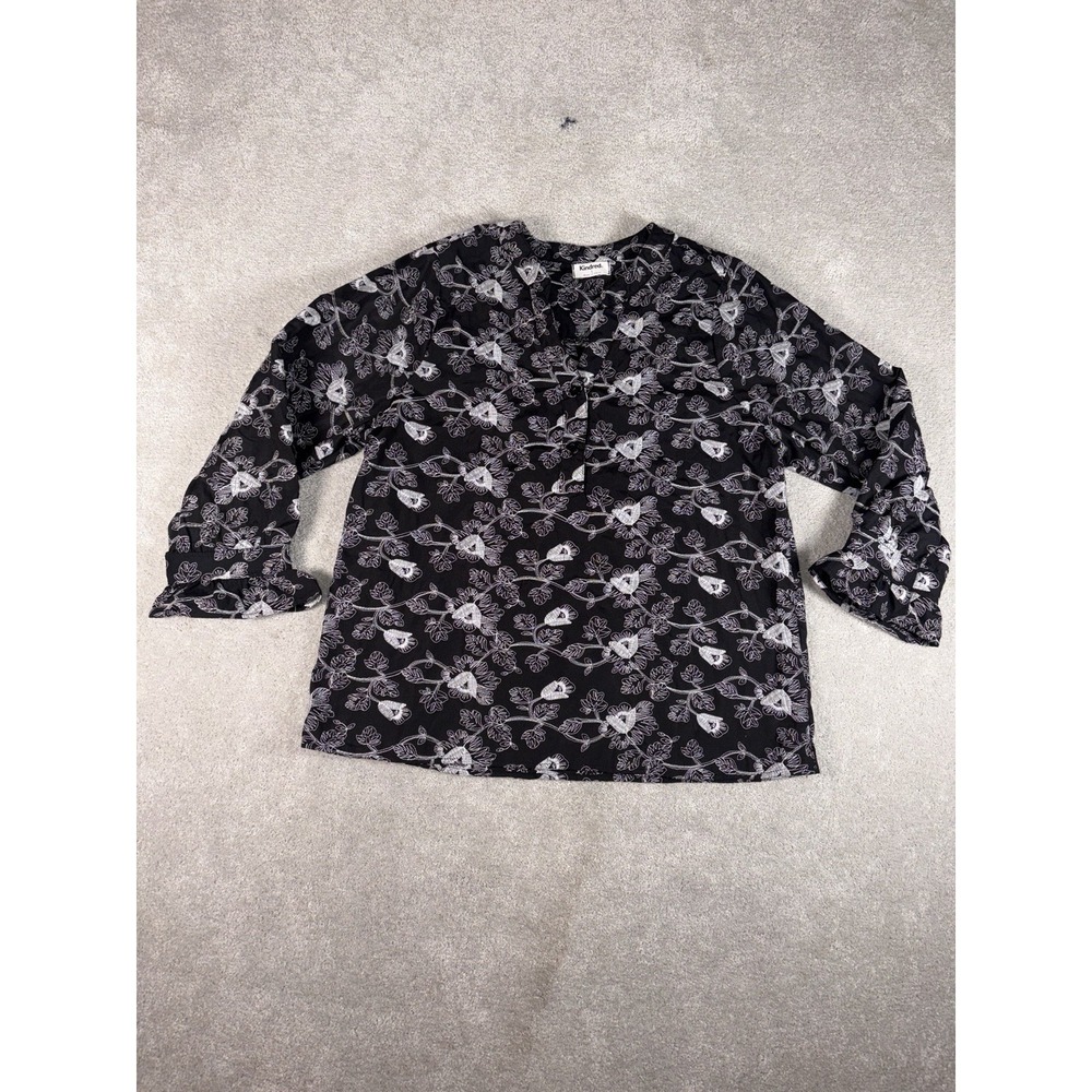 kindred anthropologie peasant blouse top black embroidered‎ floral print L